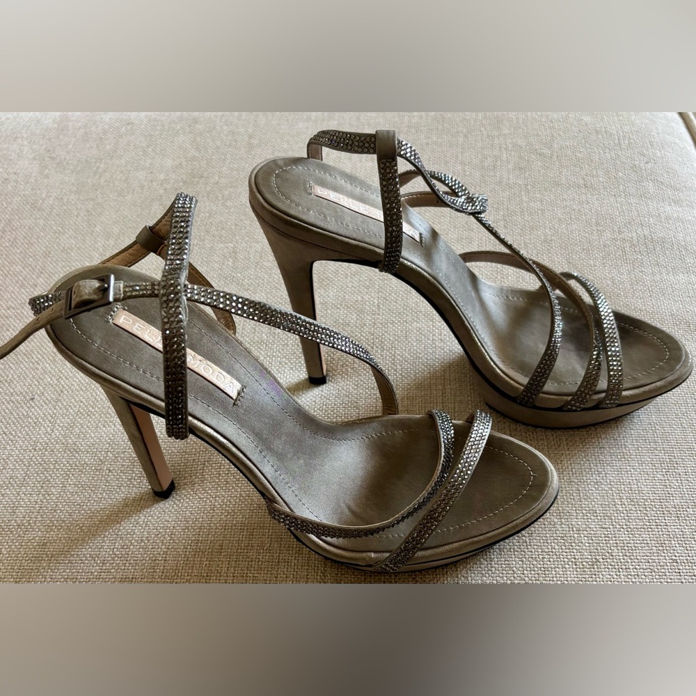 Pelle Moda Oyla Platform Gray/Silver Rhinestone Strappy Stiletto Sandals $170